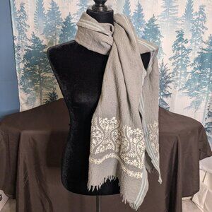 🩶 J.Crew Embroidered Fringe Shawl / Oversized Scarf Excellent Pre-Owned Conditi